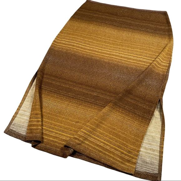 Agaci too size small vintage gold brown stretchy stripe sparkly skirt side slits - Picture 2 of 8
